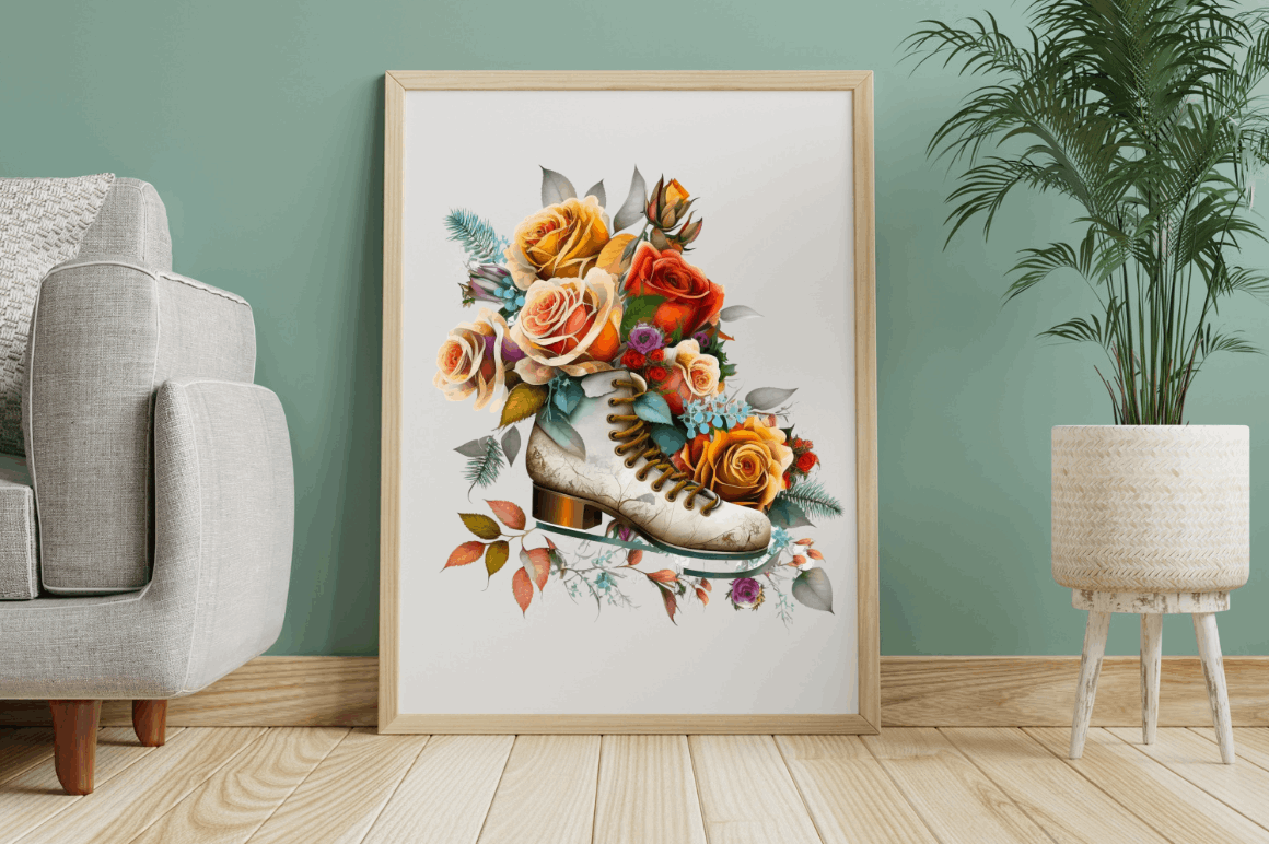 Watercolor Ice Skates and Roses Clipart Bundle