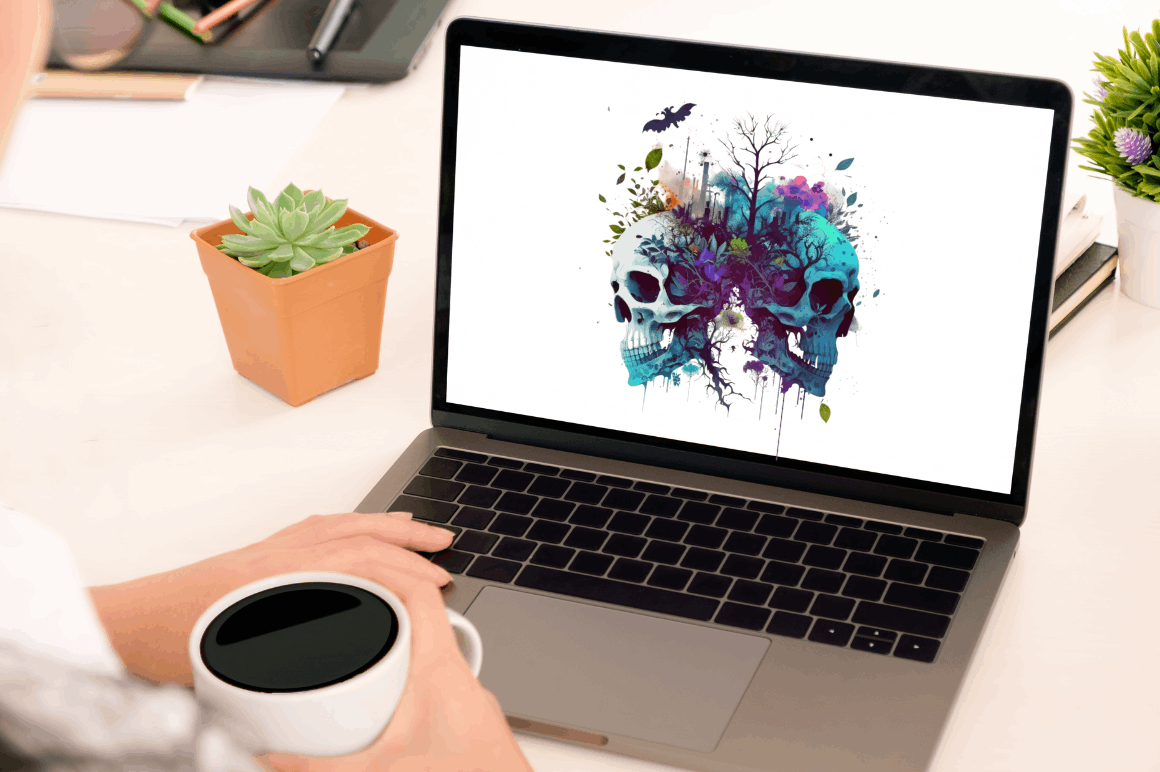 Watercolor Dark Skulls Gothic Nature Clipart Bundle