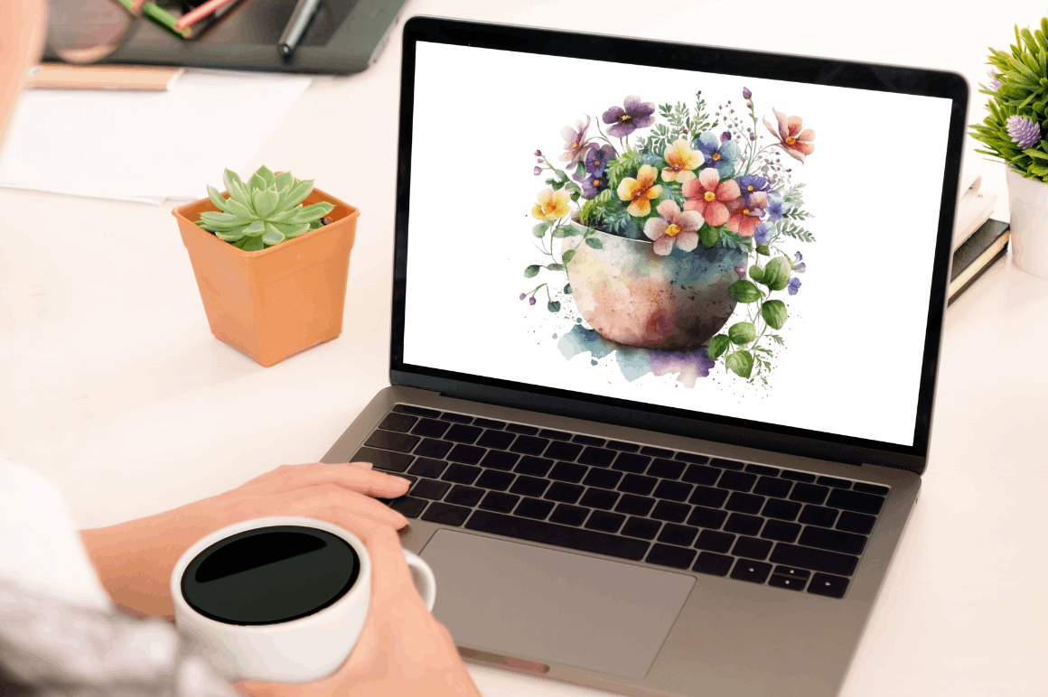 Watercolor Hand Draw Flowers Pot Clipart