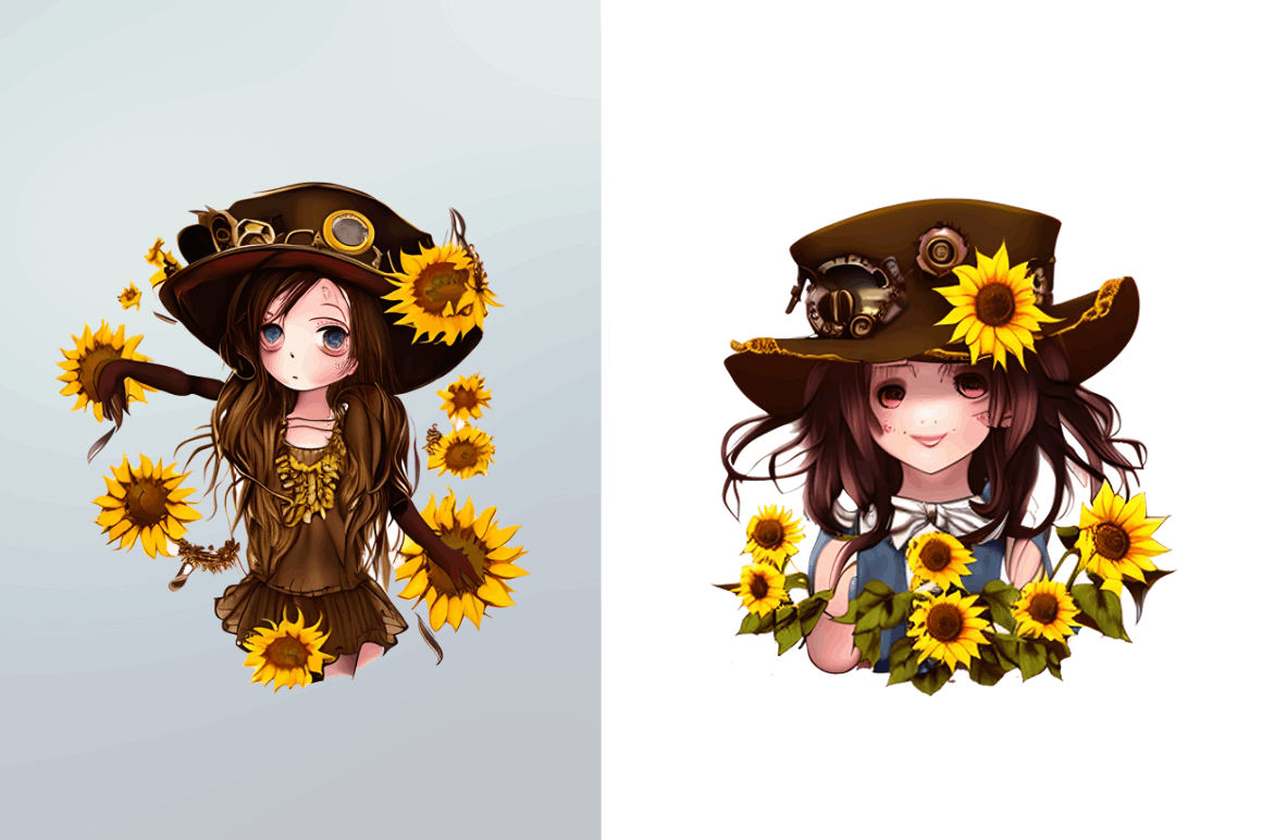 Watercolor Cute Chibi Sunflower Clipart Bundle