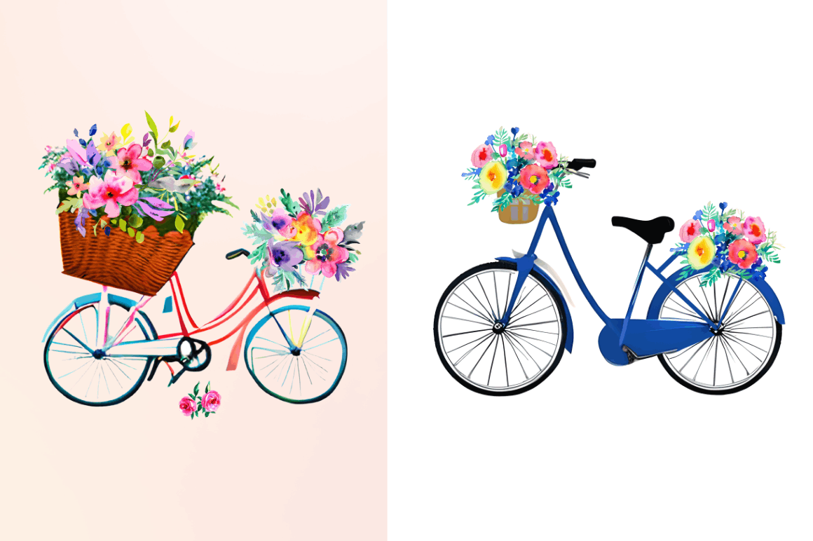 Watercolor Floral Bicycle Clipart Bundle