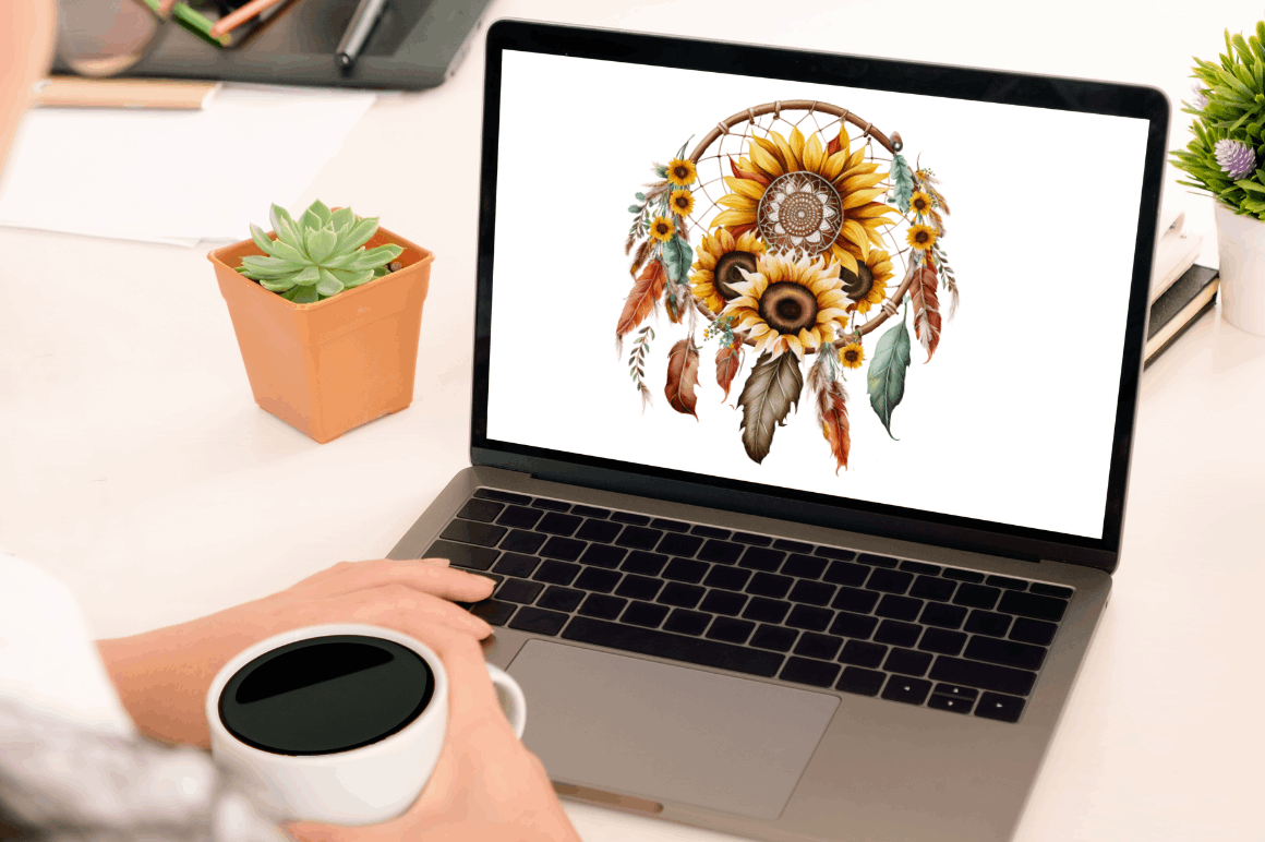 Watercolor Sunflower Dreamcatcher Clipart Bundle