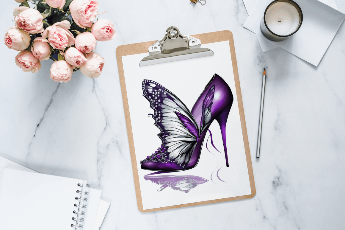Watercolor Butterfly High Heels Clipart Bundle