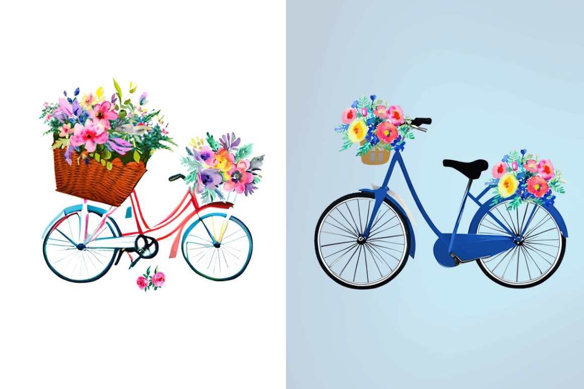 Watercolor Floral Bicycle Clipart Bundle