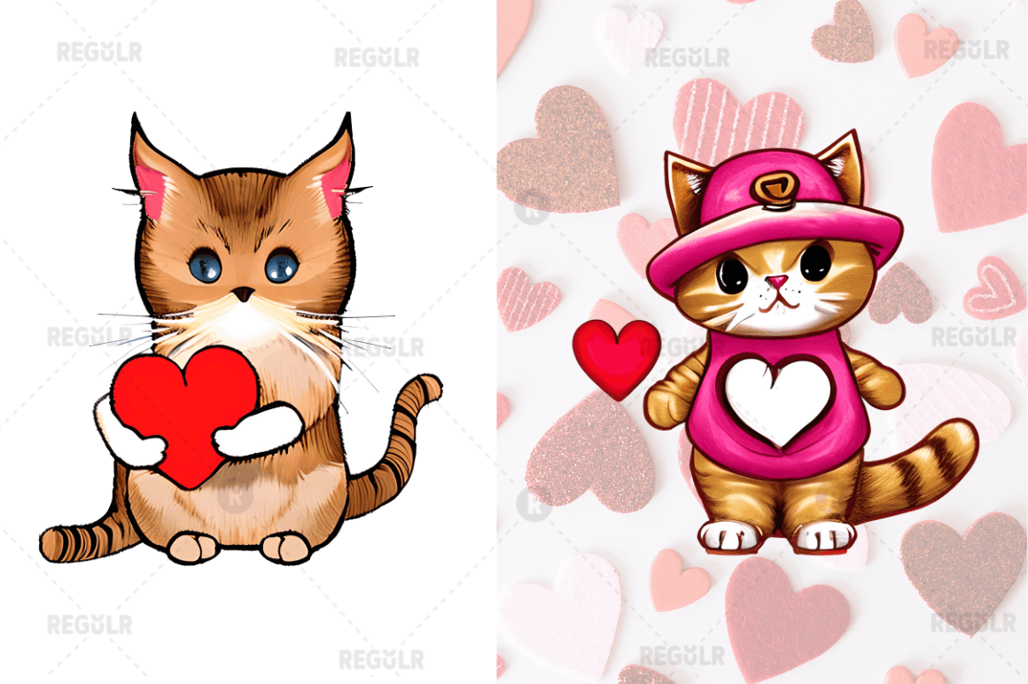 Watercolor Funny Cat Valentine Clipart Bundle