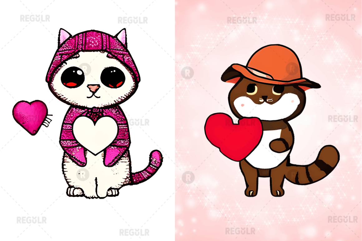 Watercolor Funny Cat Valentine Clipart Bundle