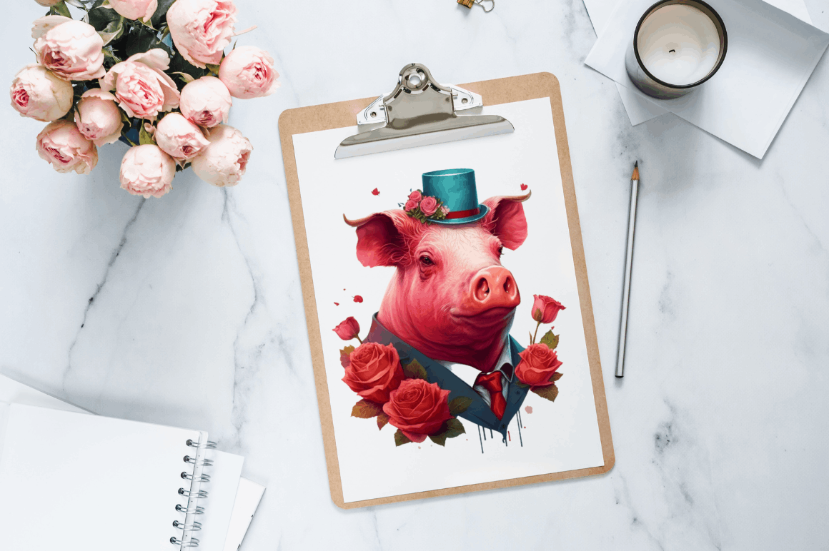 Watercolor Pig Gentlemen Clipart Bundle
