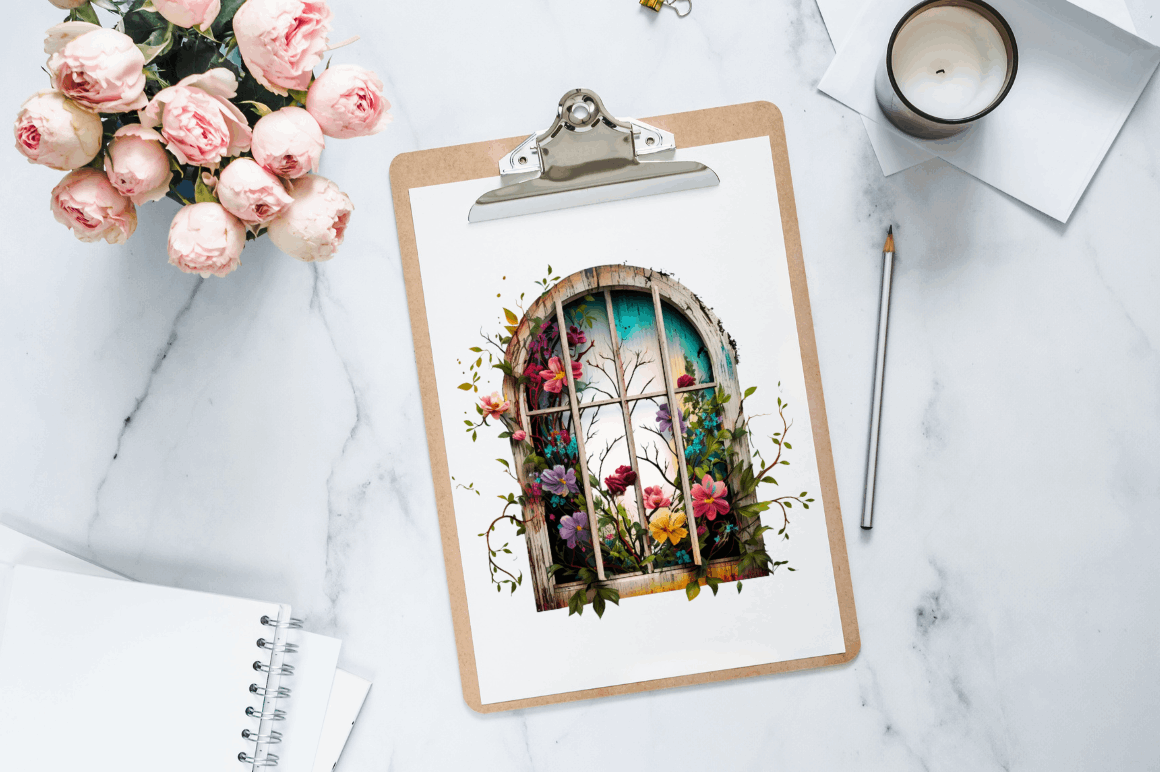 Watercolor Floral Window Clipart Bundle