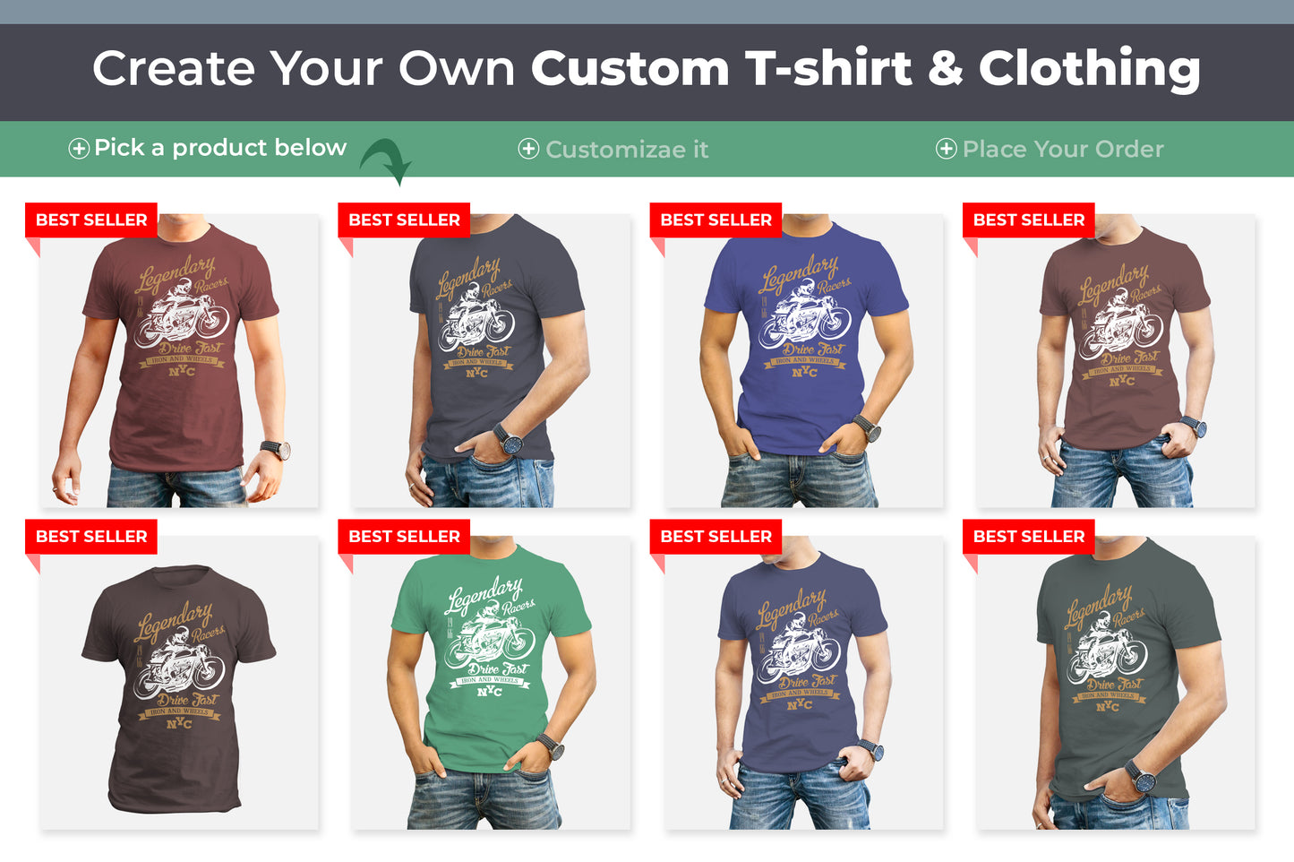 5 Editable Men's Crew Neck T-Shirt Mock-Ups Bundle