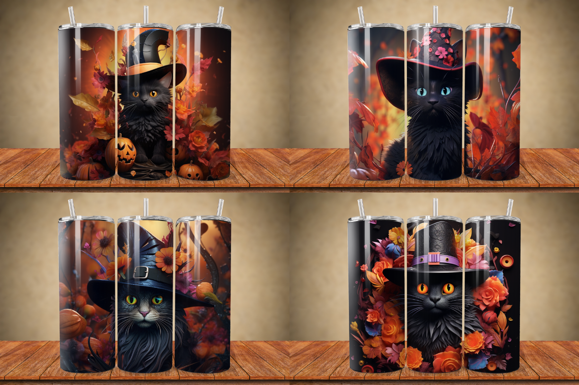 3D Black Cat in Witch Hat Tumbler Bundle