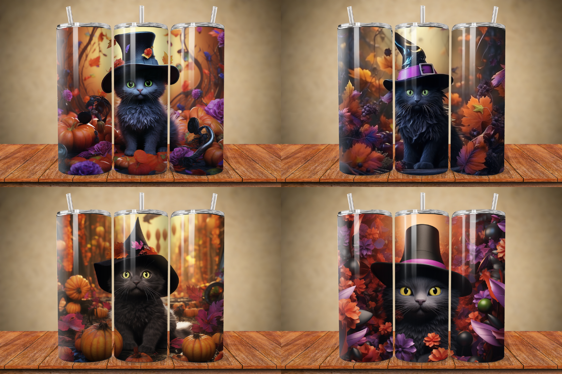 3D Black Cat in Witch Hat Tumbler Bundle