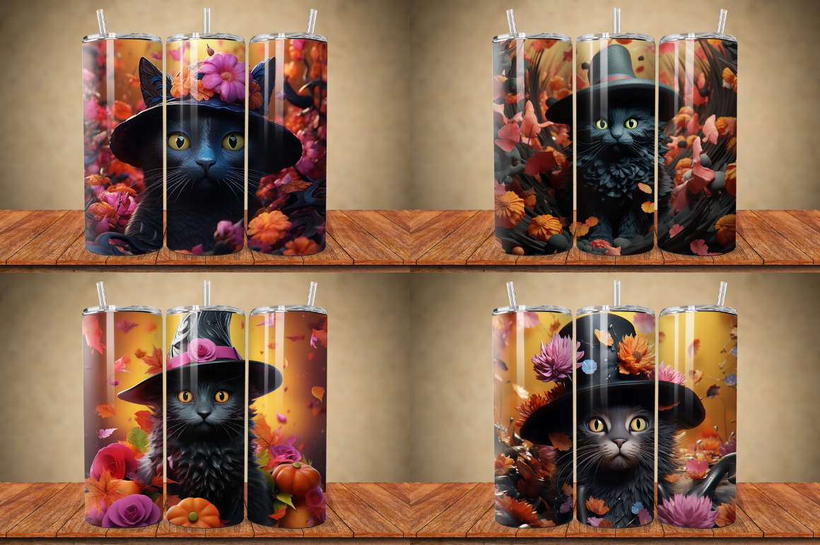 3D Black Cat in Witch Hat Tumbler Bundle