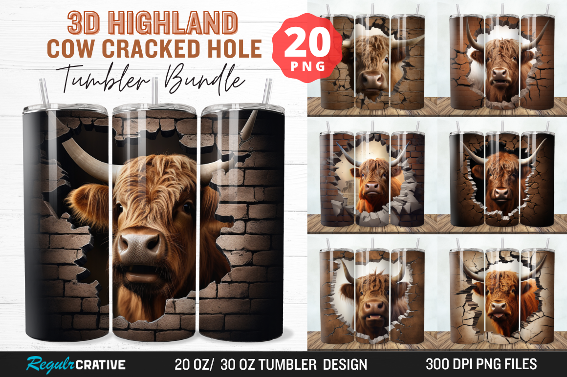 3D Highland Cow Cracked Hole Tumbler Bundle