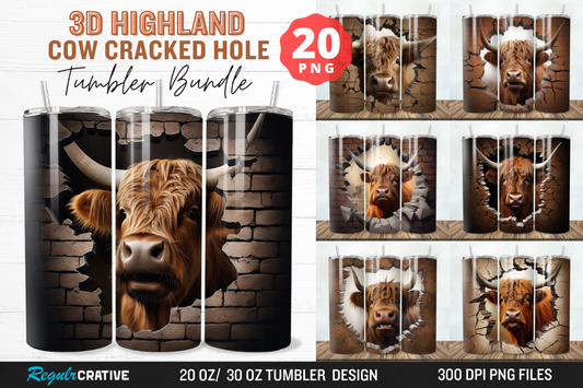 3D Highland Cow Cracked Hole Tumbler Bundle