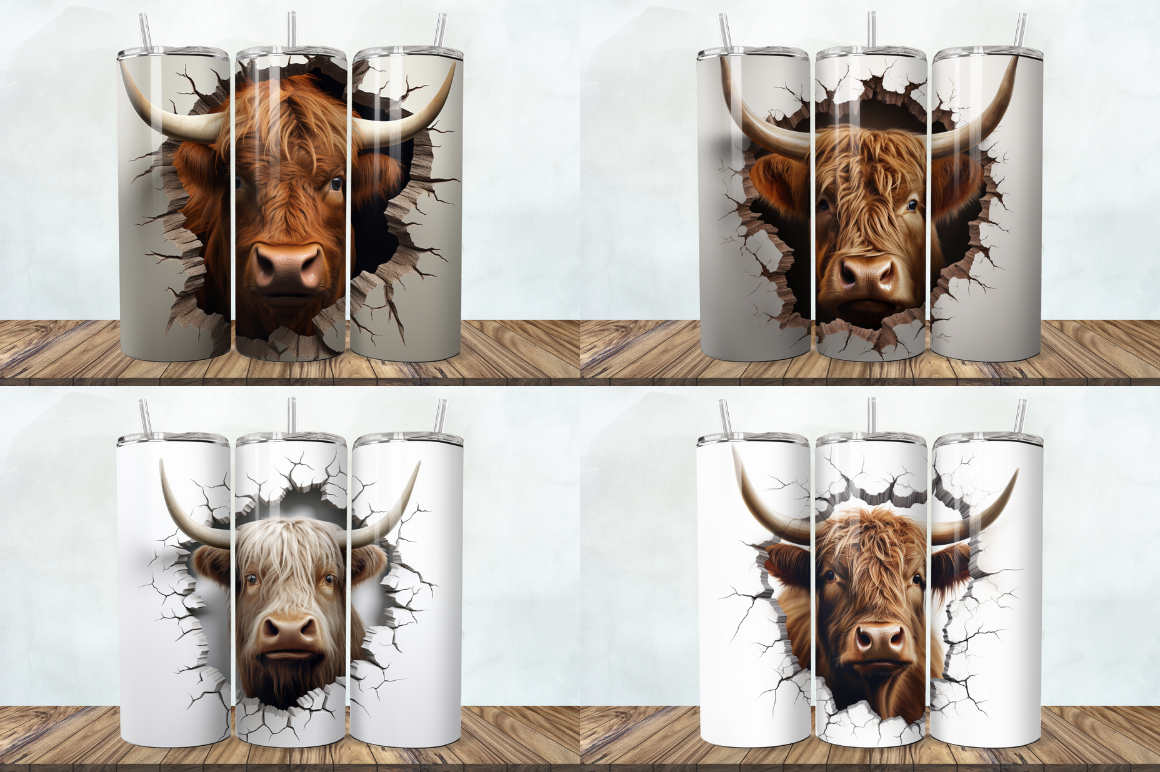 3D Highland Cow Cracked Hole Tumbler Bundle