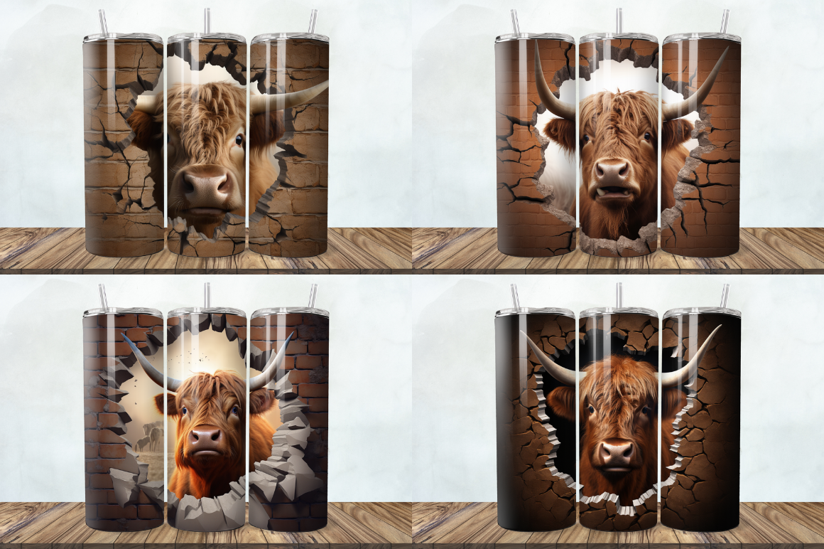3D Highland Cow Cracked Hole Tumbler Bundle