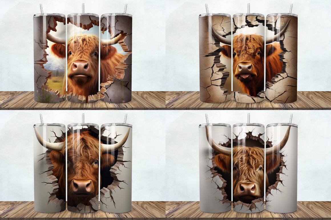 3D Highland Cow Cracked Hole Tumbler Bundle