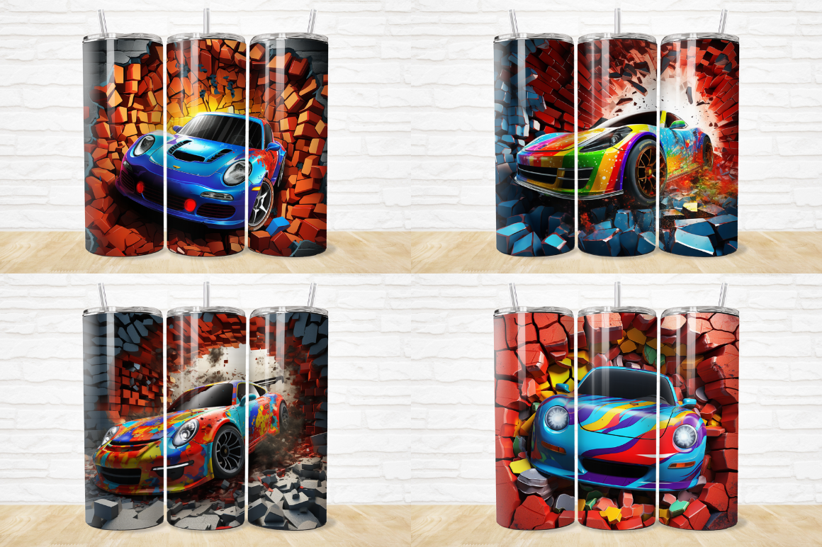 3D Race Car Cracked Hole Tumbler Bundle
