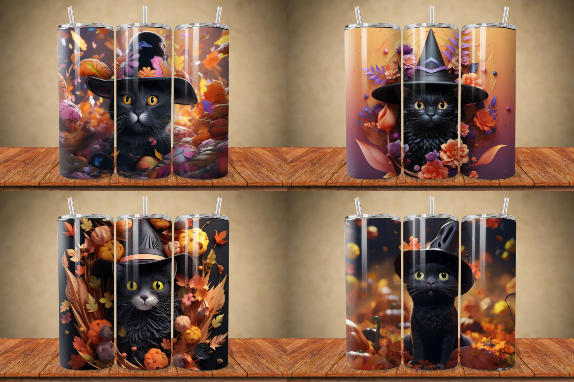 3D Black Cat in Witch Hat Tumbler Bundle