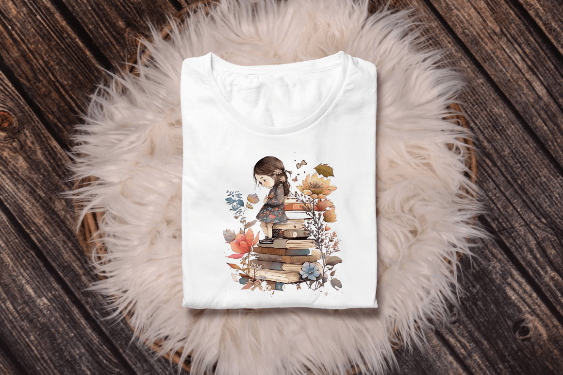 Watercolor Tiny Girl and Books Clipart Bundle