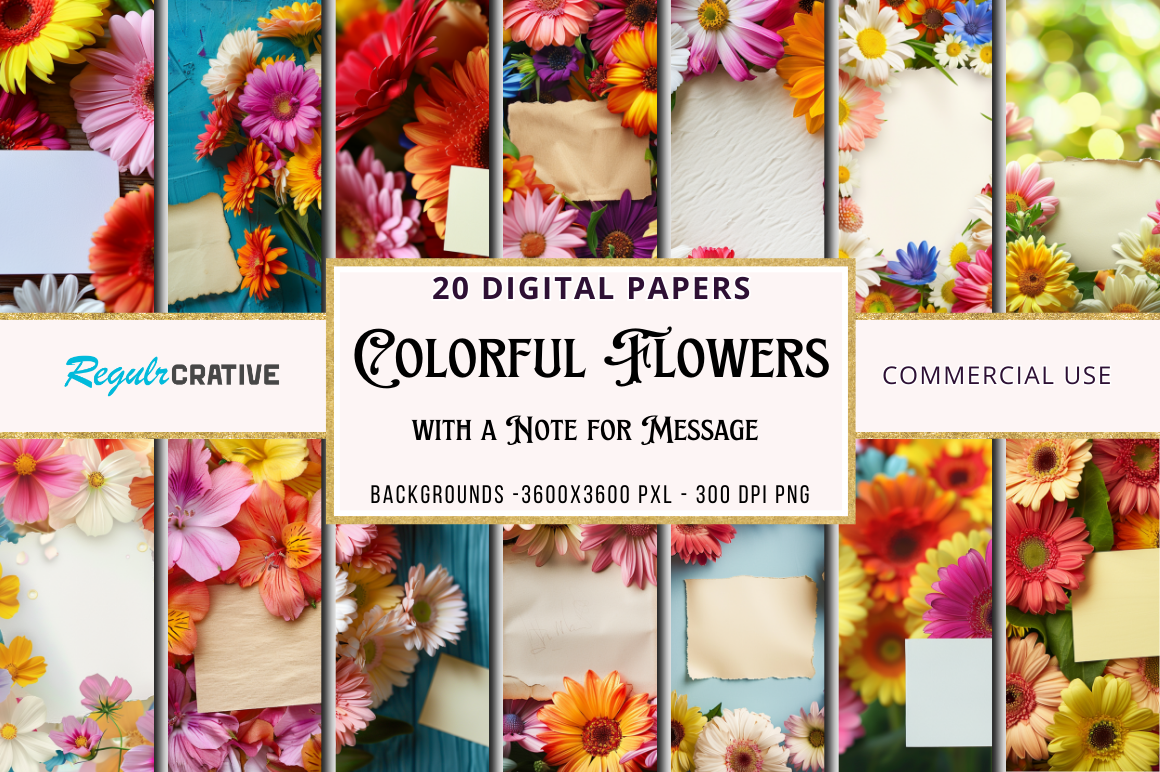 Colorful Flowers with a Note for Message Digital Papers Bundle