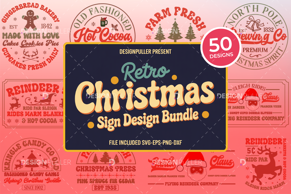 Retro Christmas Sign Design Bundle - 50 Designs