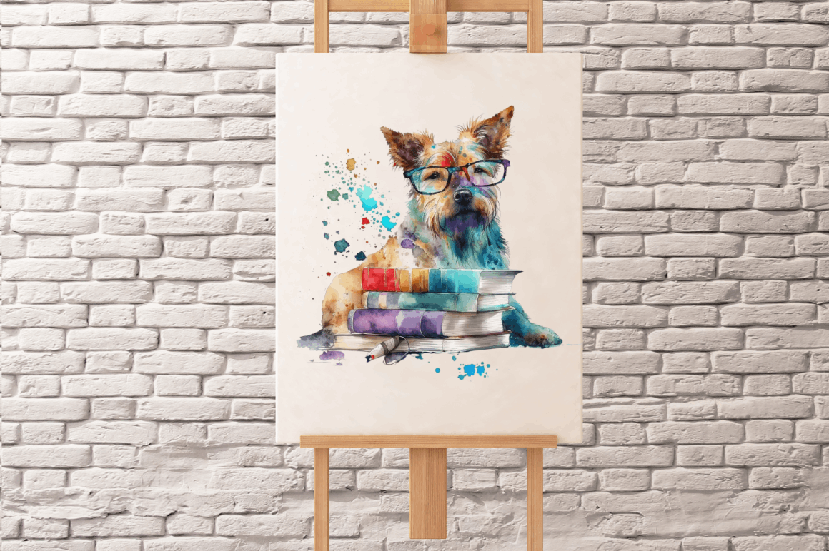 Watercolor Dog and Books  Clipart  Bundle
