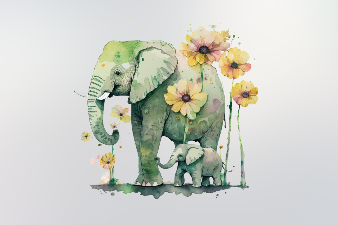 Watercolor Elephant Mom Floral Sublimation Clipart Bundle