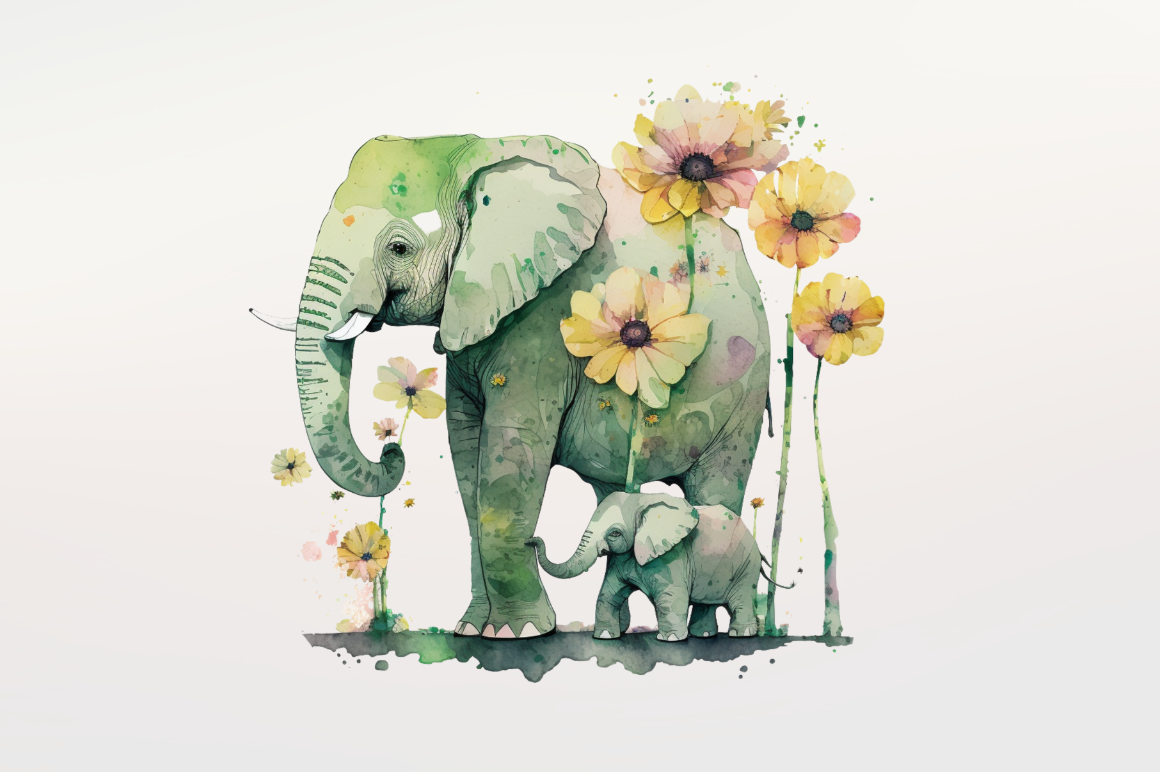 Watercolor Elephant Mom Floral Sublimation Clipart Bundle