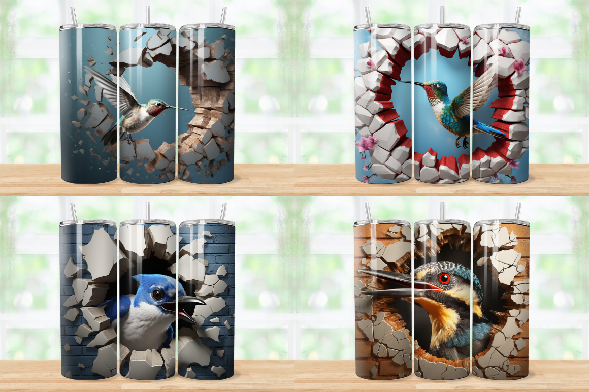 3D Birds Cracked Hole Tumbler Bundle