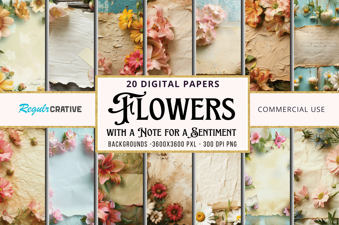 Flowers with a Note for a Sentiment Digital Papers Bundle