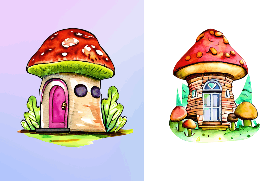 Watercolor Magic Mushroom House Clipart  Bundle