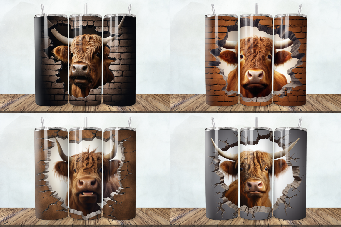 3D Highland Cow Cracked Hole Tumbler Bundle