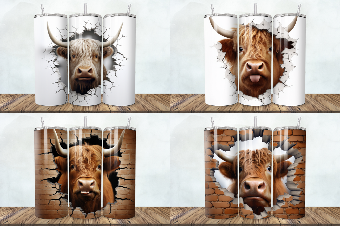 3D Highland Cow Cracked Hole Tumbler Bundle