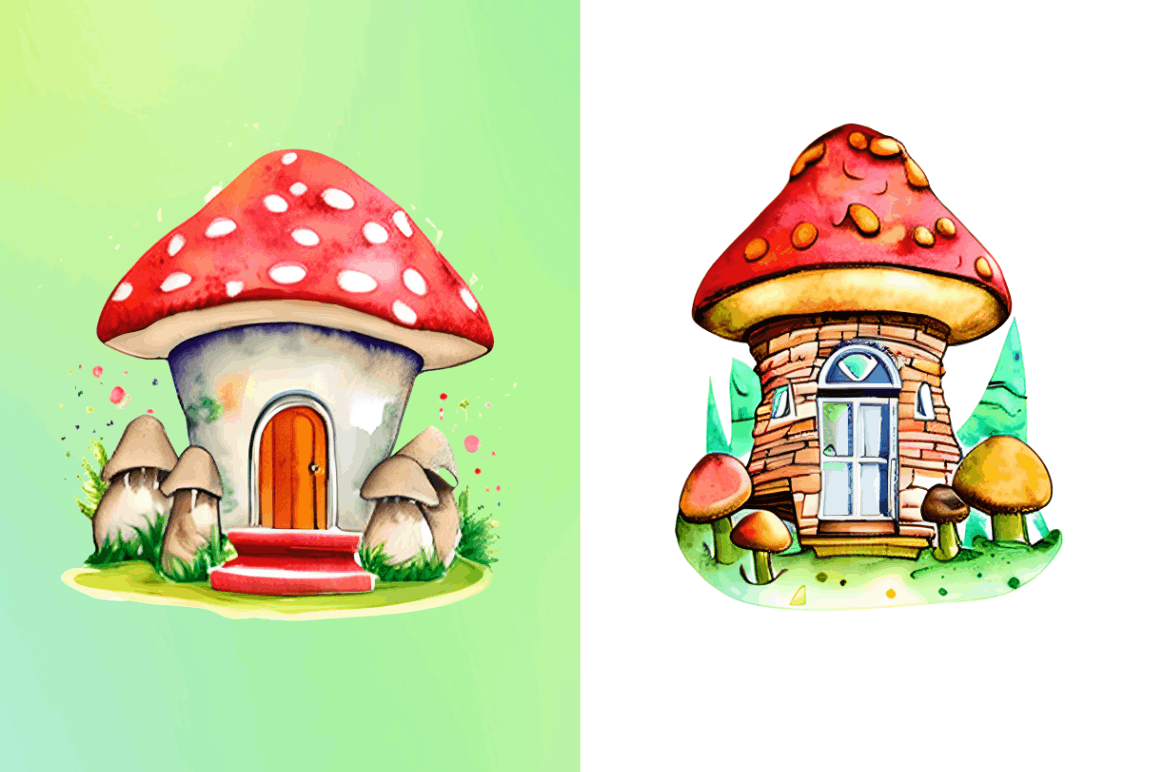 Watercolor Magic Mushroom House Clipart  Bundle