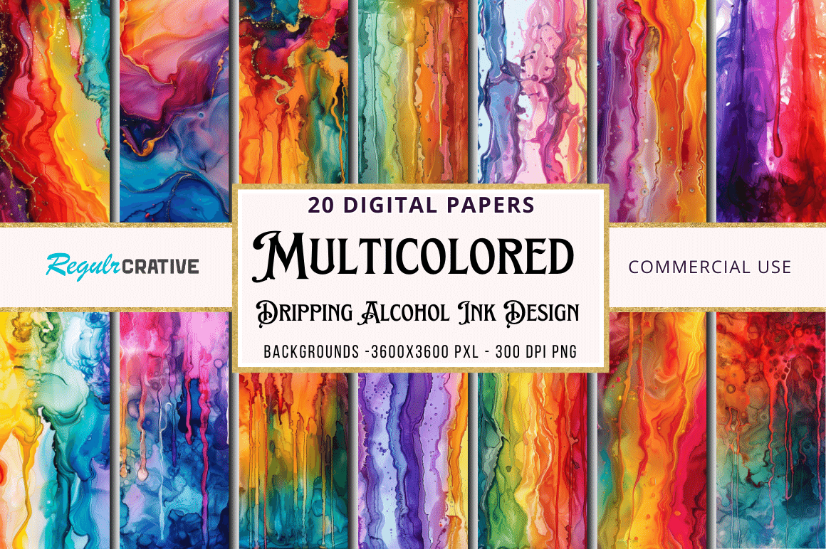 Multicolored Dripping Alcohol Ink Digital Paper Bundle