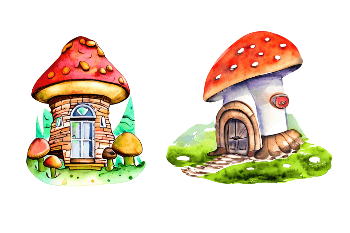 Watercolor Magic Mushroom House Clipart  Bundle