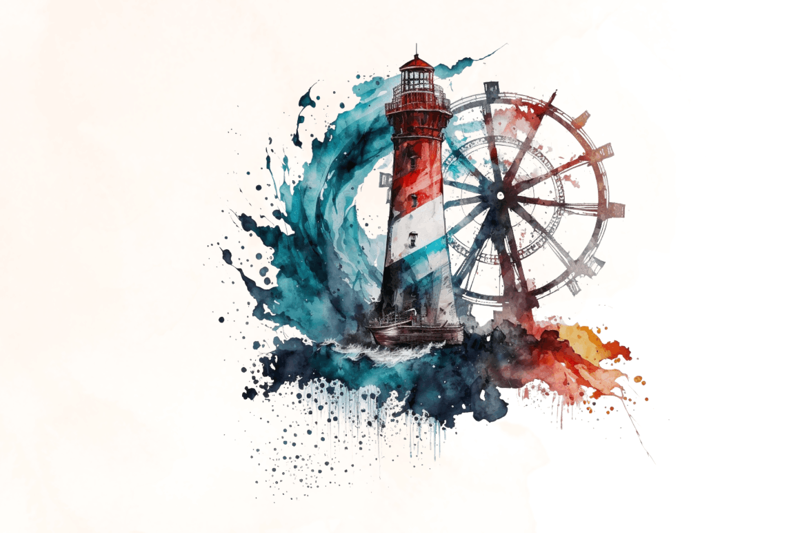 Watercolor Wheel and Lighthouse Clipart Bundle