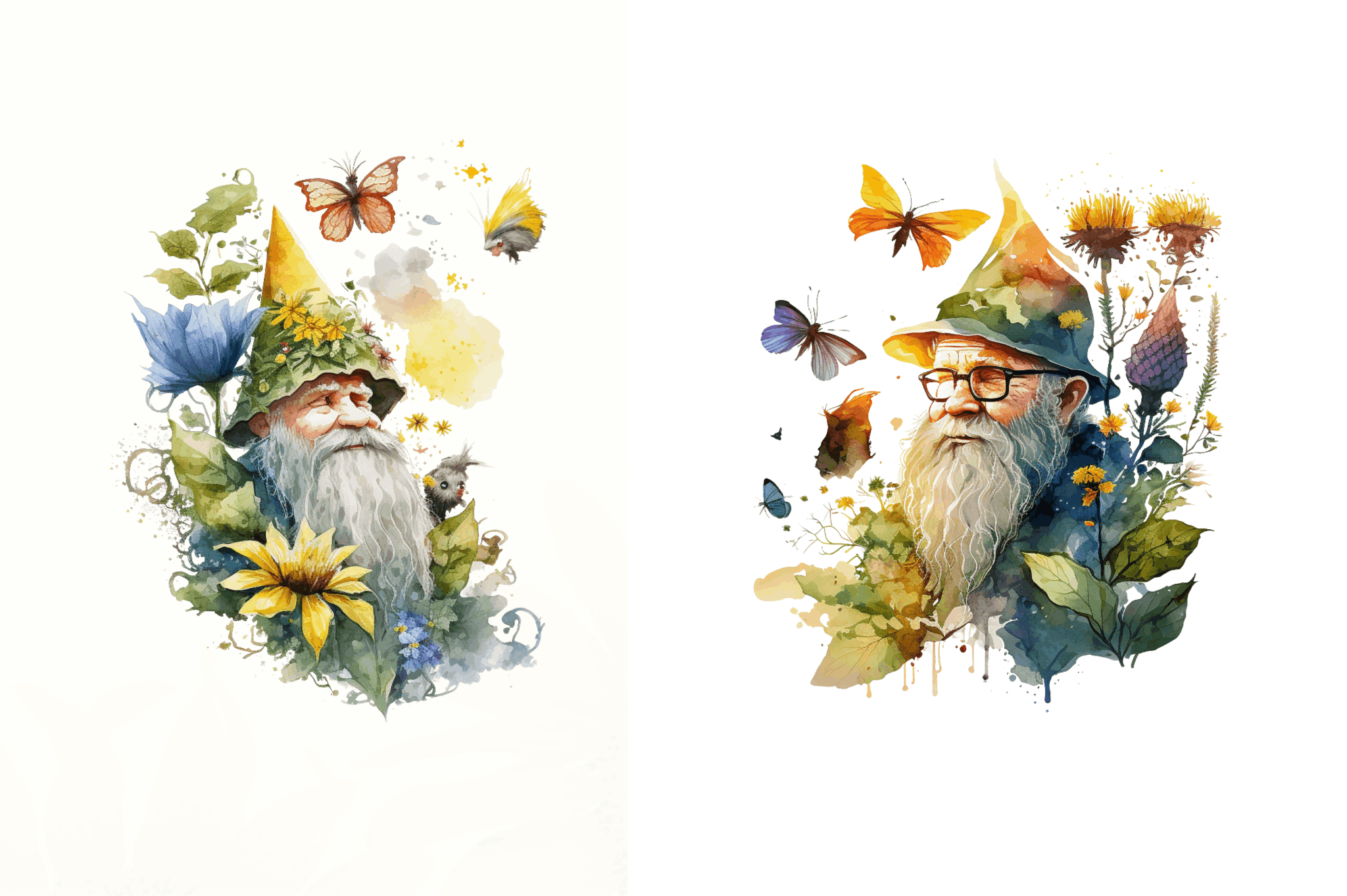 Watercolor Old man sunflower & Butterfly Clipart Bundle