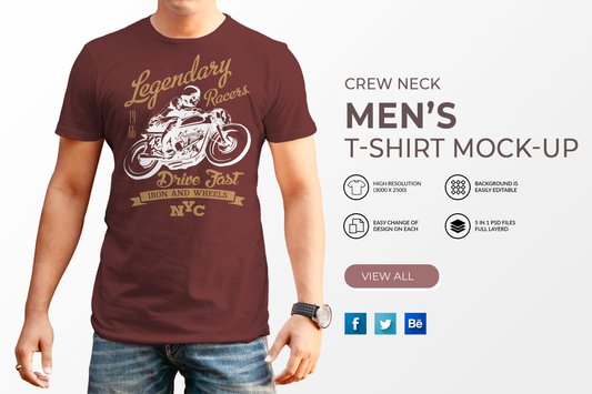 5 Editable Men's Crew Neck T-Shirt Mock-Ups Bundle