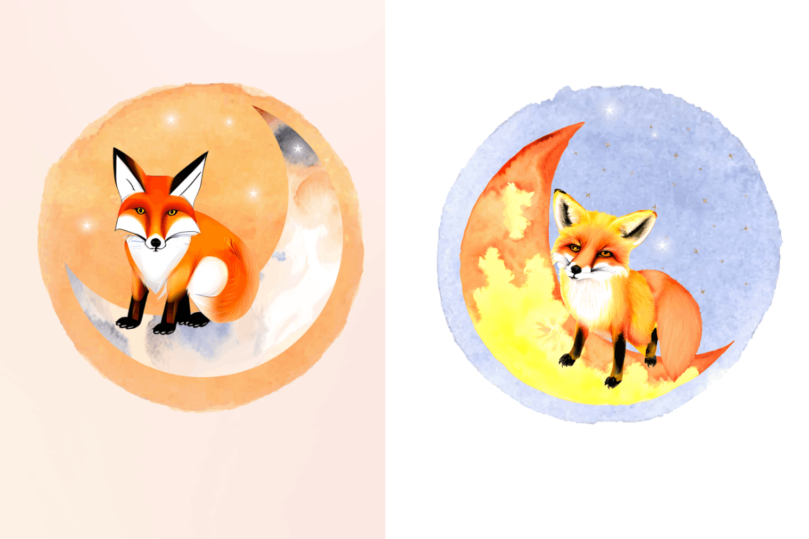 Watercolor  Cute Fox on The Moon Clipart Bundle