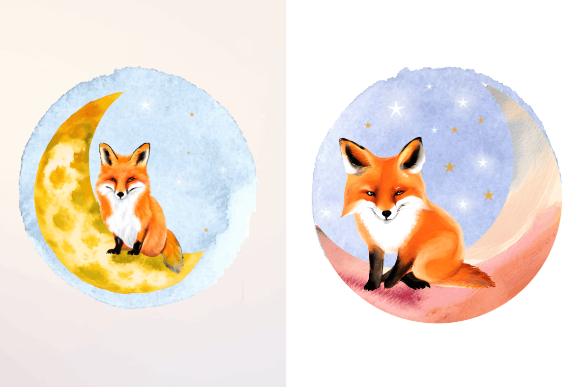 Watercolor  Cute Fox on The Moon Clipart Bundle