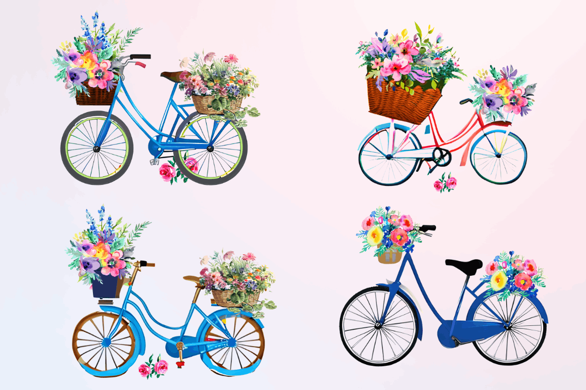 Watercolor Floral Bicycle Clipart Bundle