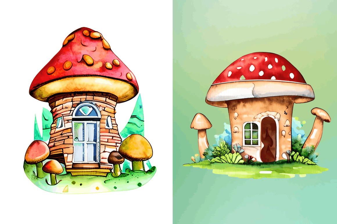 Watercolor Magic Mushroom House Clipart  Bundle