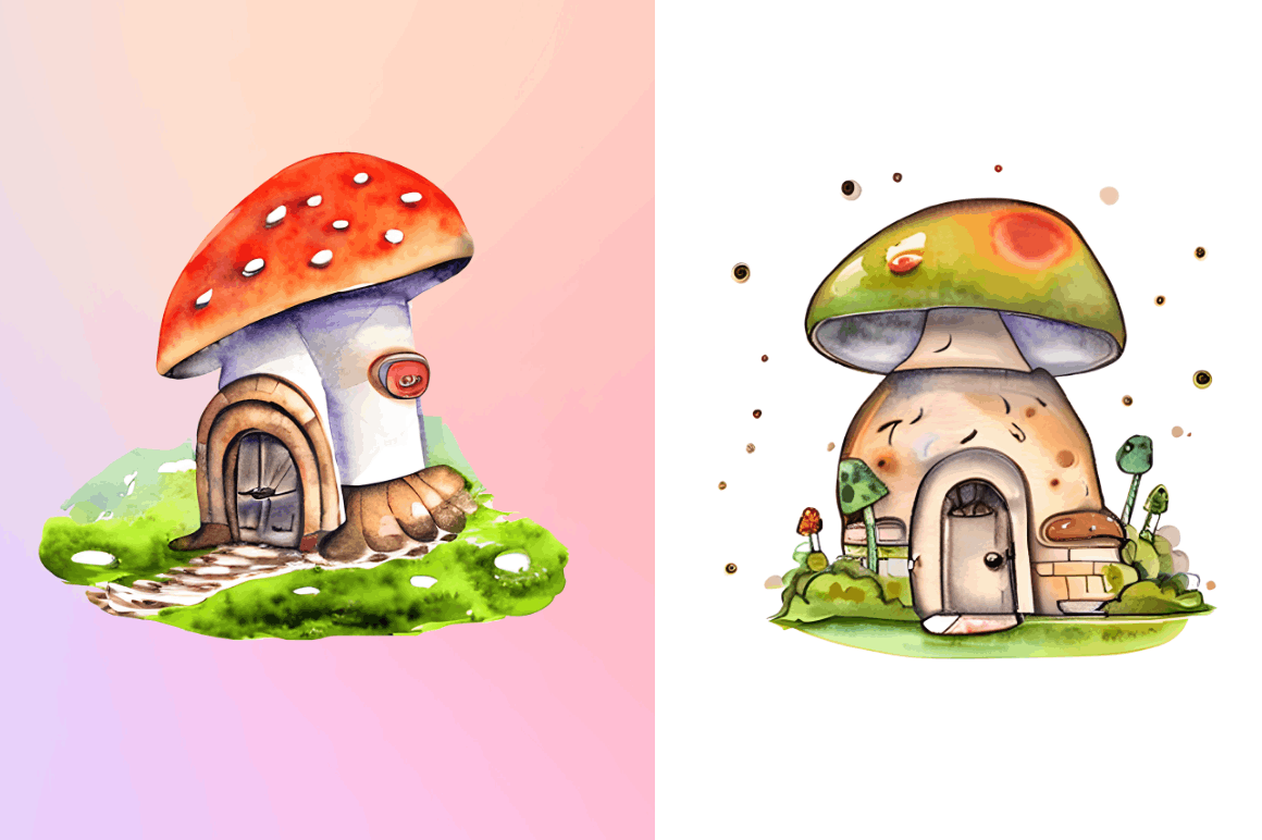Watercolor Magic Mushroom House Clipart  Bundle