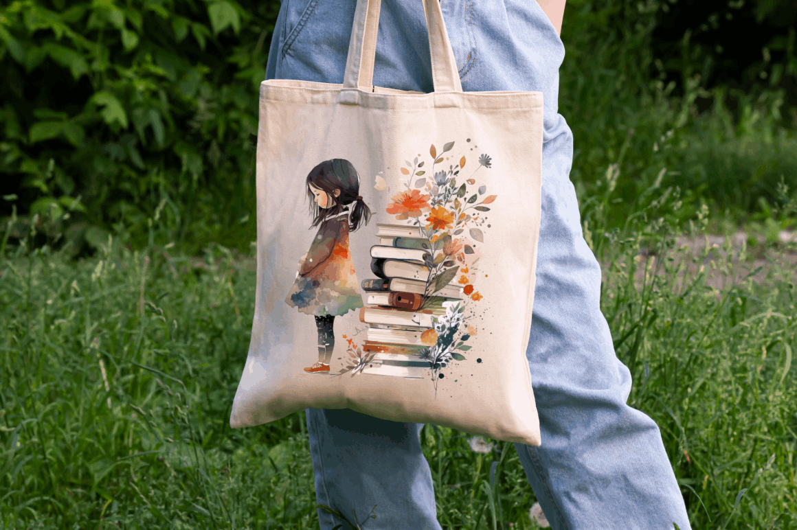 Watercolor Tiny Girl and Books Clipart Bundle