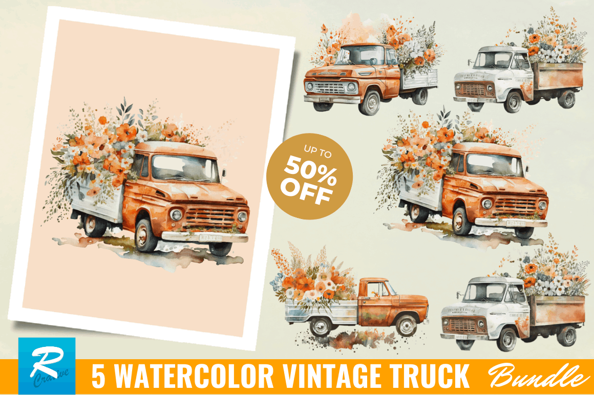 Watercolor Vintage Truck Clipart PNG Bundle