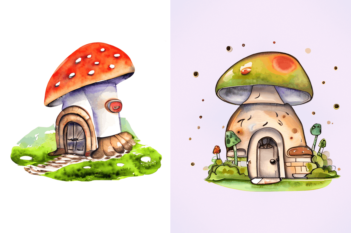 Watercolor Magic Mushroom House Clipart  Bundle