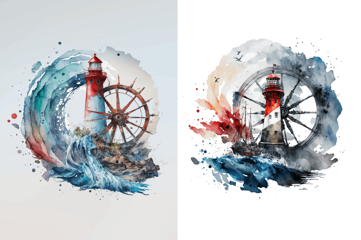 Watercolor Wheel and Lighthouse Clipart Bundle