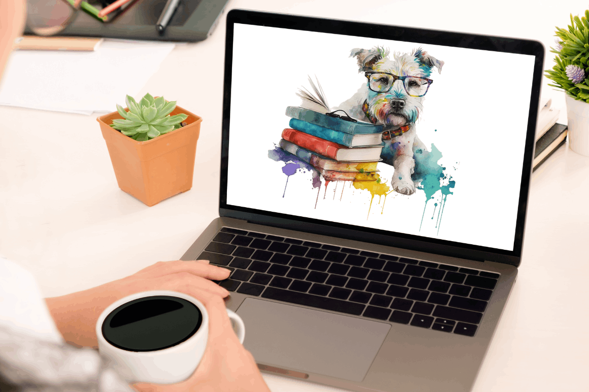 Watercolor Dog and Books  Clipart  Bundle